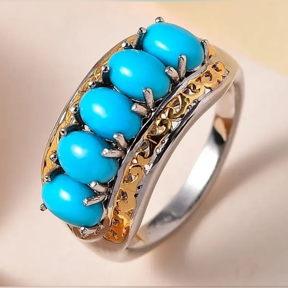 Sleeping Beauty Turquoise Ring in Vermeil YG and Platinum Over Sterling Silver - Picture 2 of 9